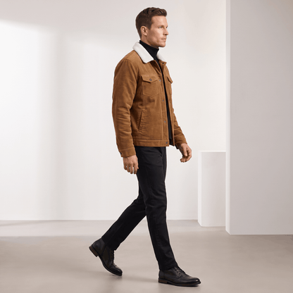 Men's corduroy jacket with sherpa collar, button front and chest pockets