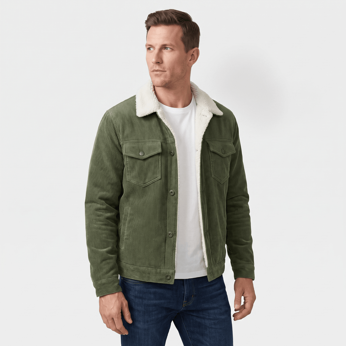 Men's corduroy jacket with sherpa collar, button front and chest pockets
