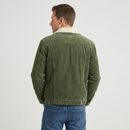 Men's corduroy jacket with sherpa collar, button front and chest pockets