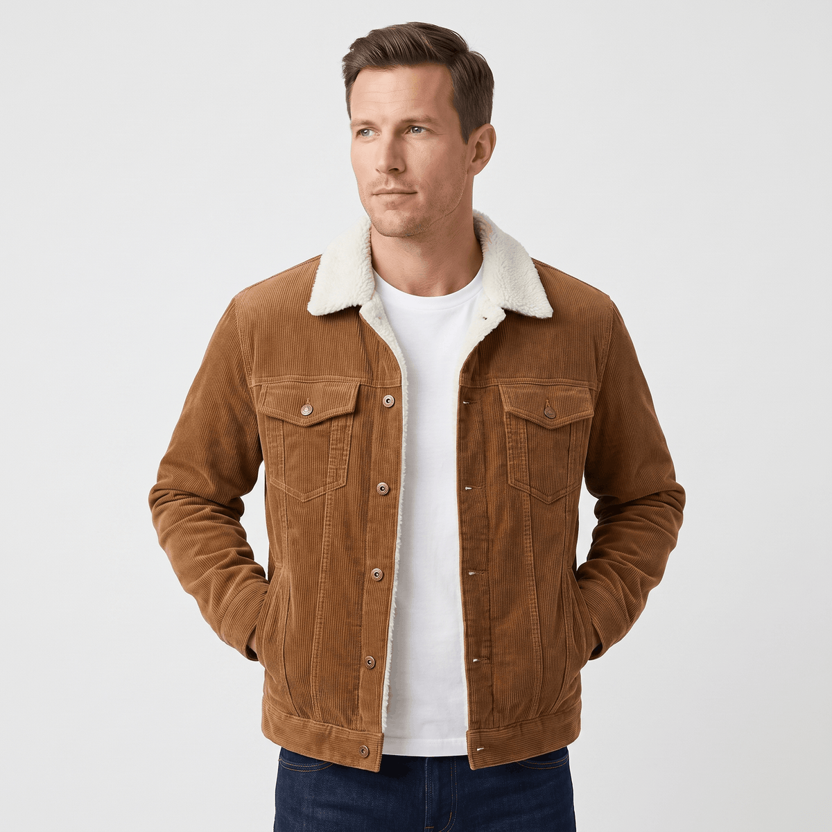 Men's corduroy jacket with sherpa collar, button front and chest pockets