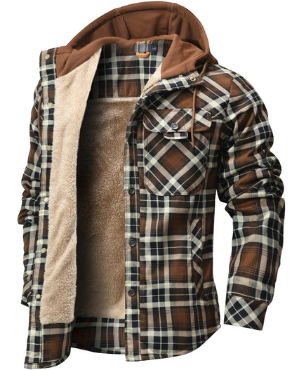Men's checked hooded jacket with button front and contrasting lining