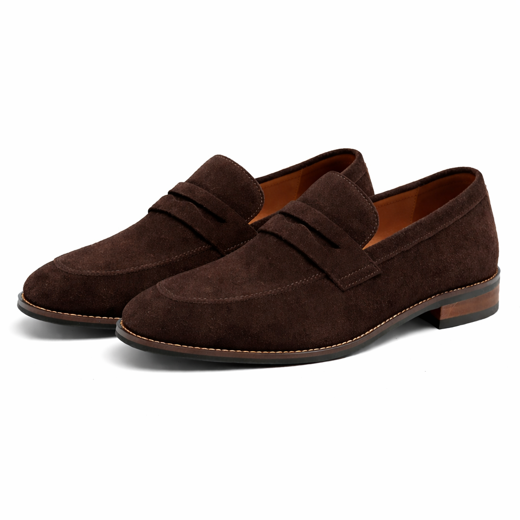 Men's dark brown and navy suede loafer with penny strap detail and stacked heel