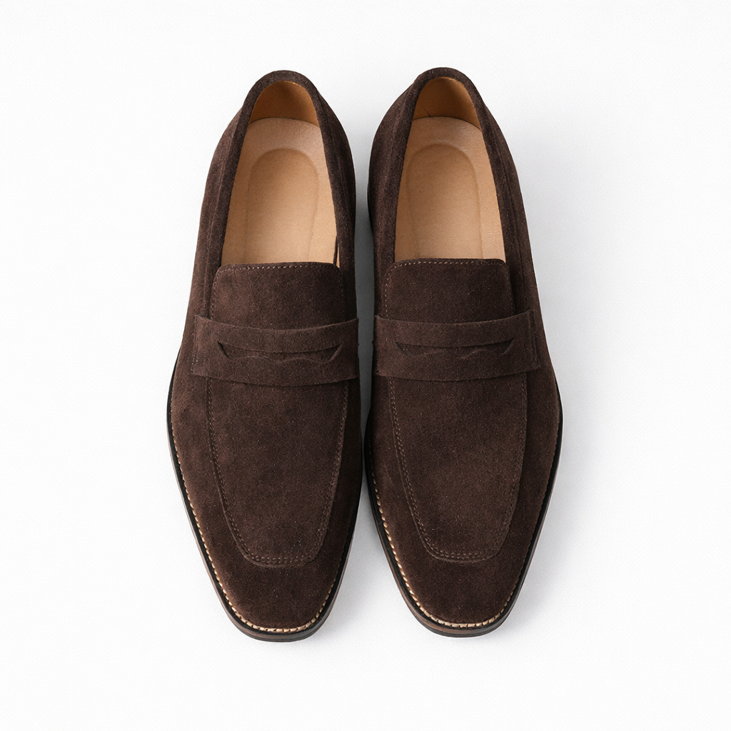 Men's dark brown and navy suede loafer with penny strap detail and stacked heel
