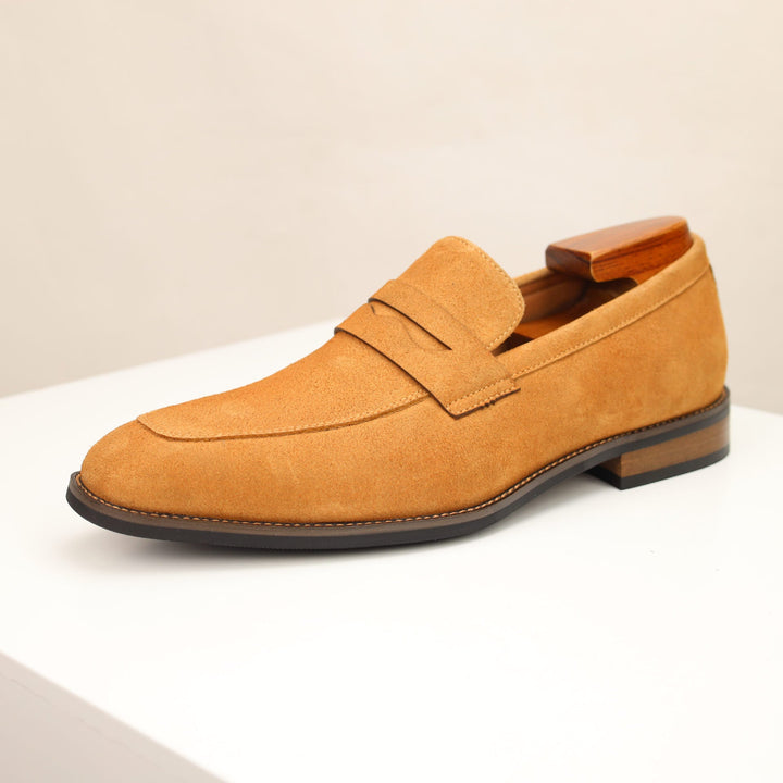 Men's dark brown and navy suede loafer with penny strap detail and stacked heel