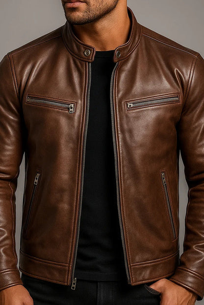 Men's zip-up jacket with mock neck and multiple zipped pockets