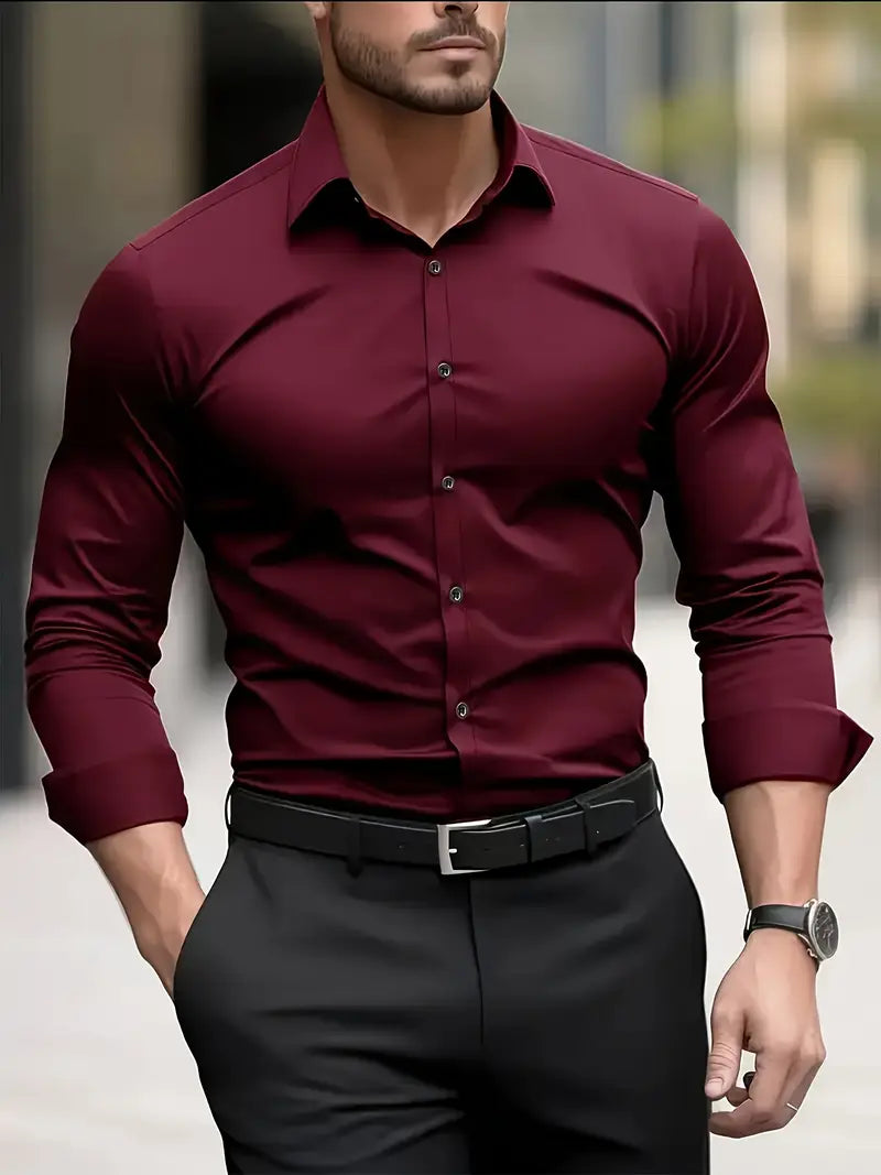 Men's slim fit button-up shirt with long sleeves and front buttons