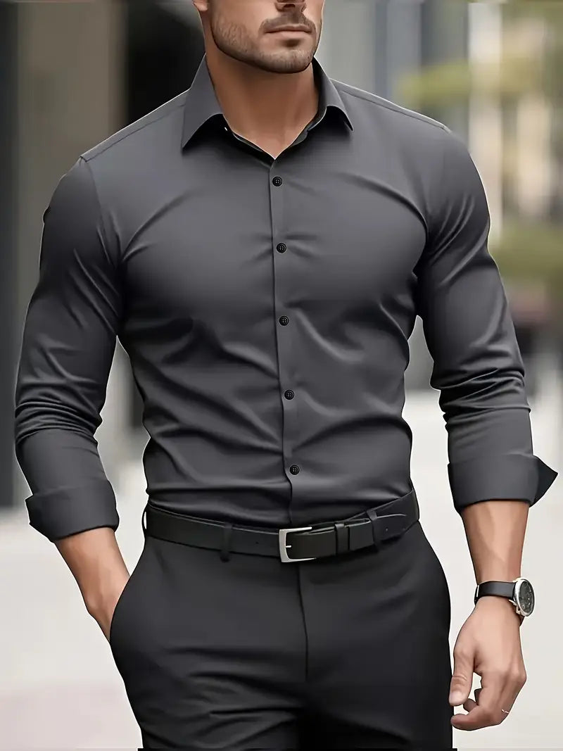 Men's slim fit button-up shirt with long sleeves and front buttons
