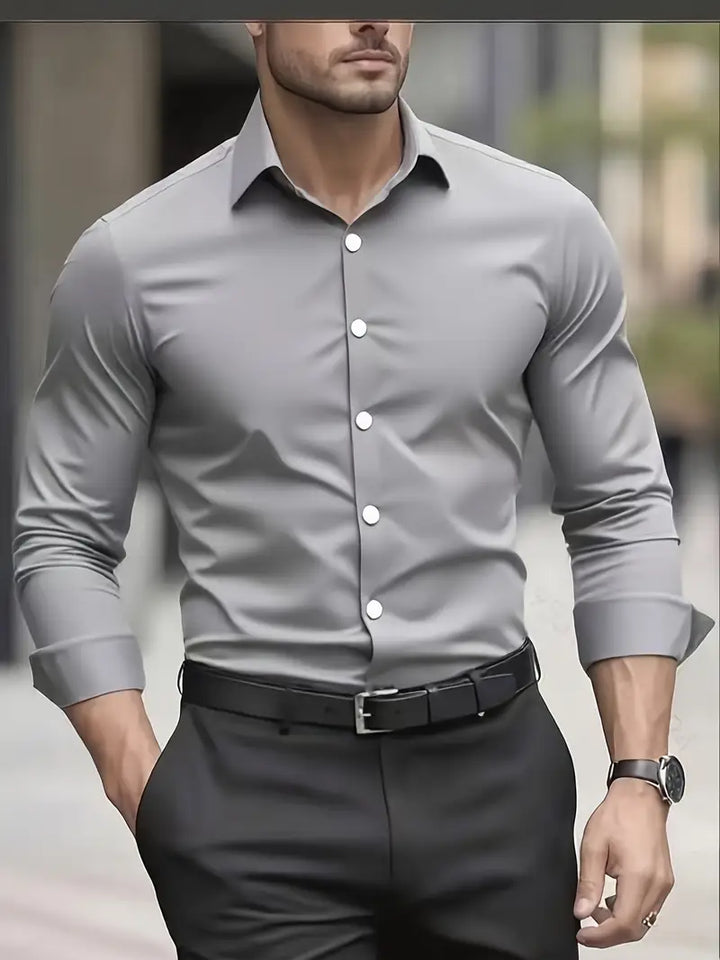 Men's slim fit button-up shirt with long sleeves and front buttons
