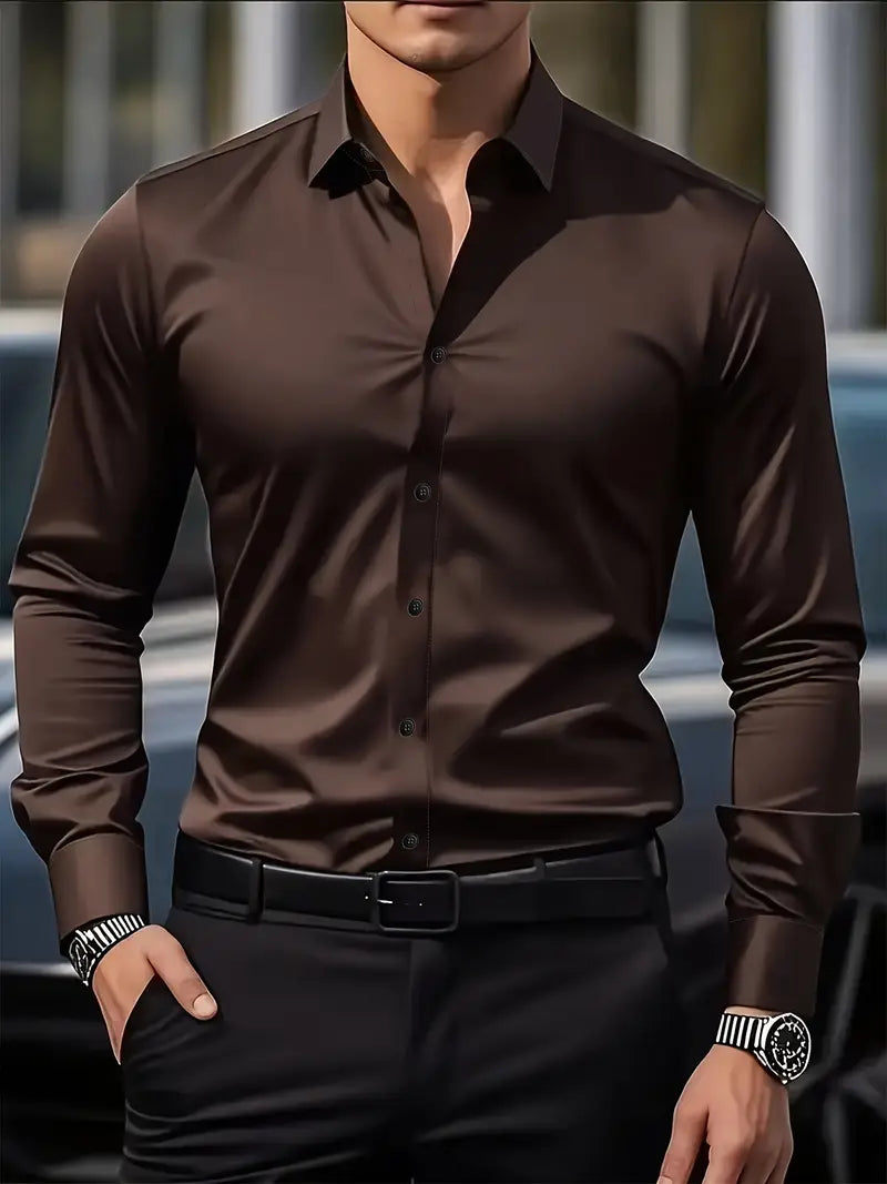 Men's slim fit button-up shirt with long sleeves and front buttons