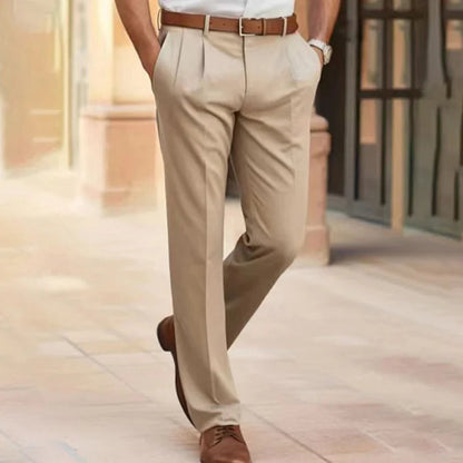 Men's pleated straight-leg trousers with belt loops and side pockets