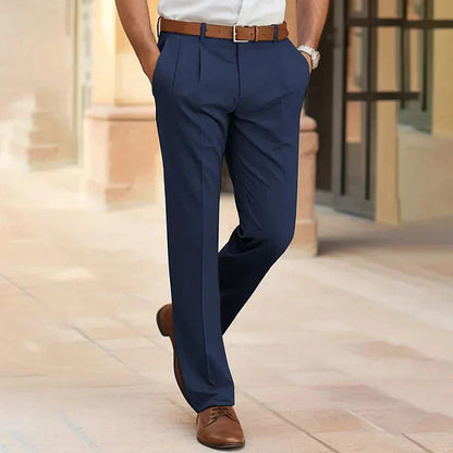 Men's pleated straight-leg trousers with belt loops and side pockets