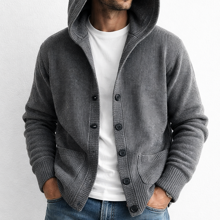 Hooded knit cardigan with open front