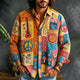 Men's colourful patchwork shirt with peace signs, guitars and floral motifs