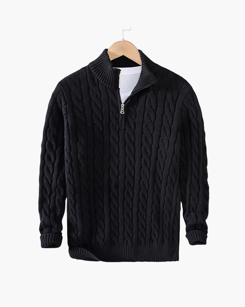 Men's cable knit quarter-zip sweaters in navy and gray