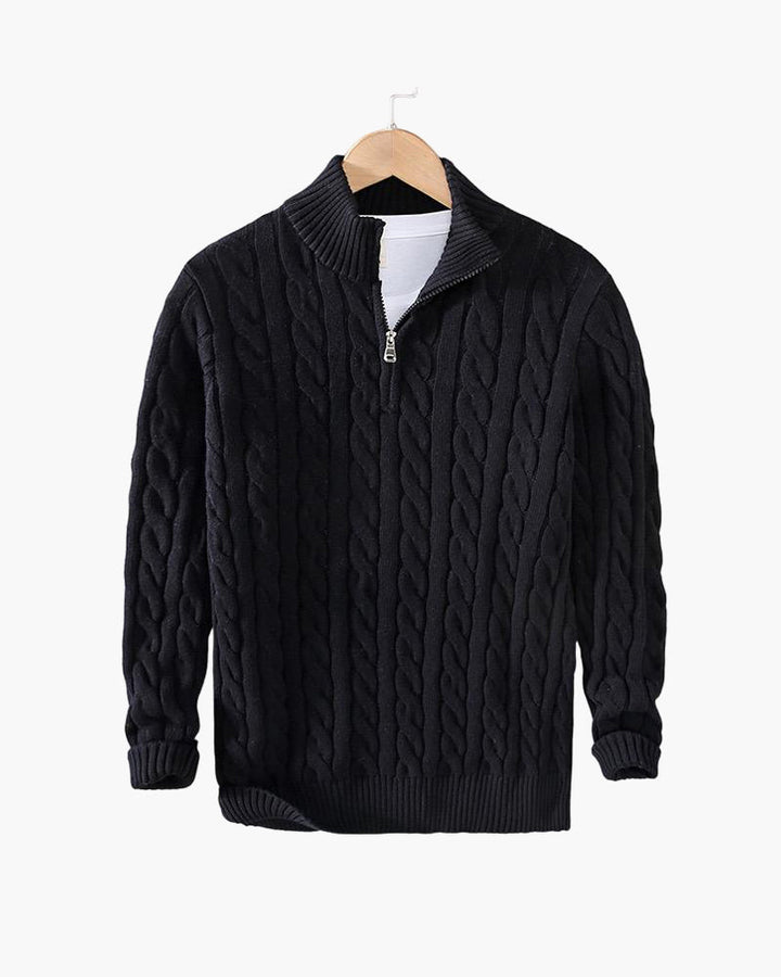 Men's cable knit quarter-zip sweaters in navy and gray