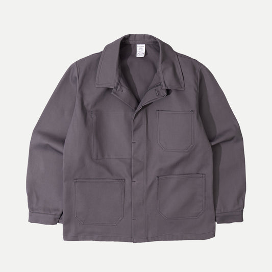 Men's gray utility jacket with collar and multiple patch pockets