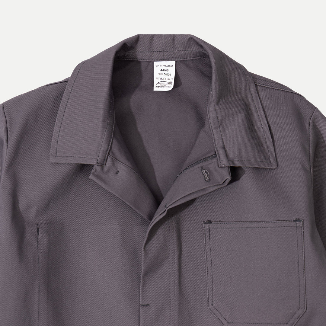 Men's gray utility jacket with collar and multiple patch pockets