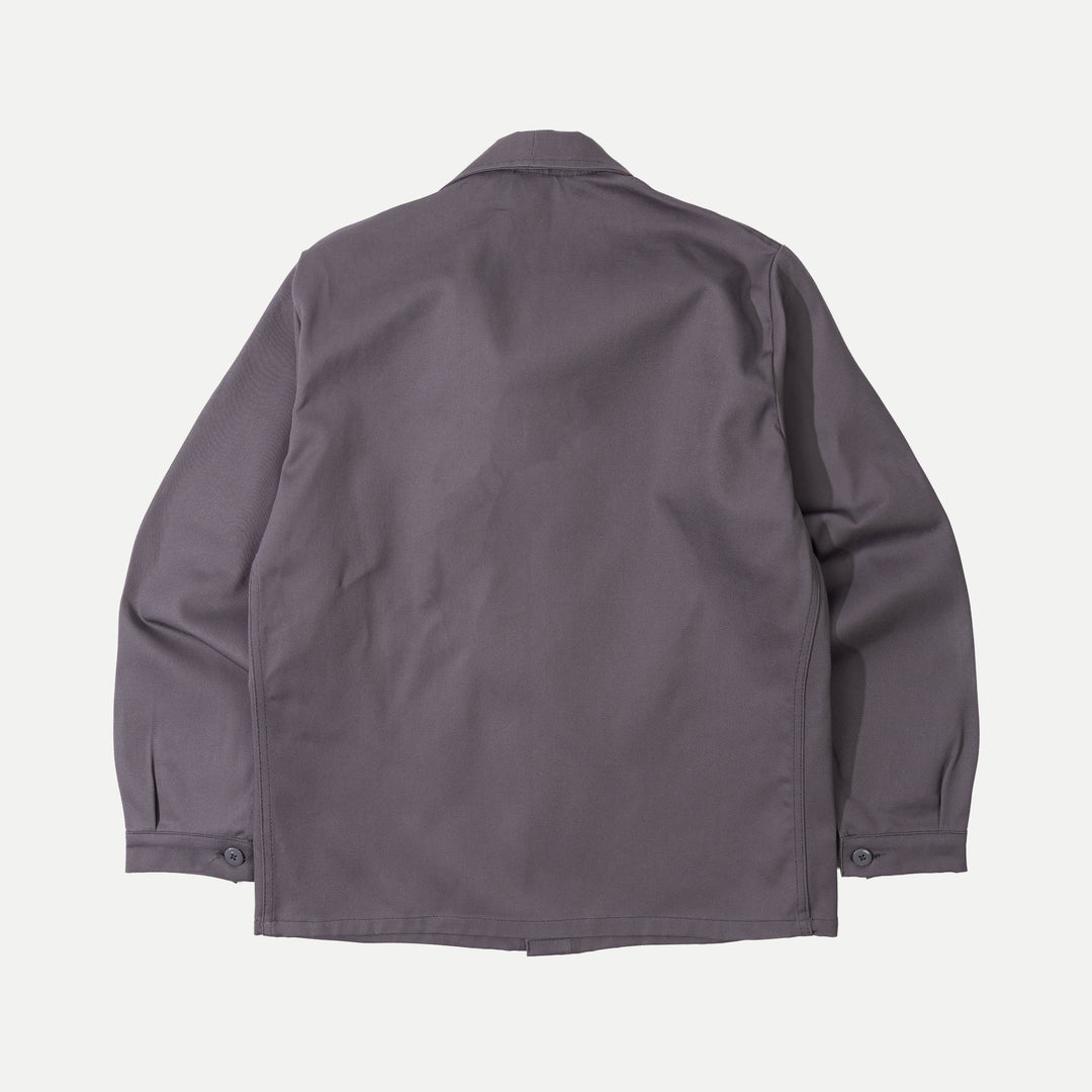 Men's gray utility jacket with collar and multiple patch pockets