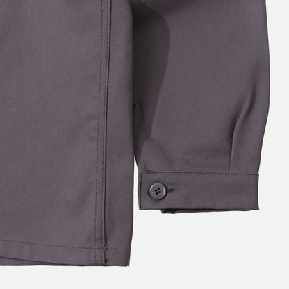 Men's gray utility jacket with collar and multiple patch pockets