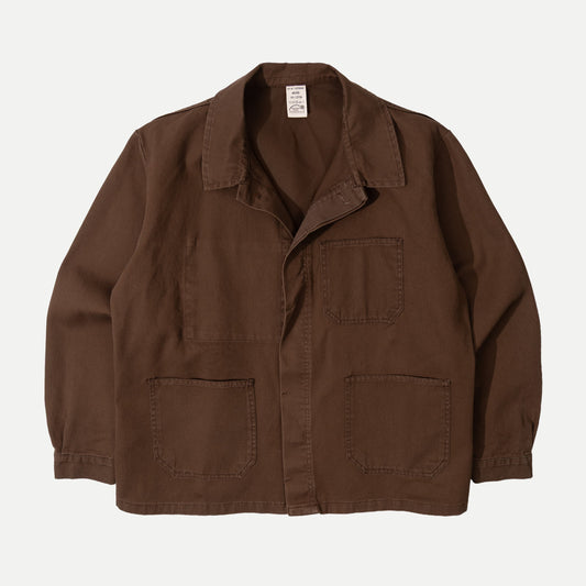 Men's brown utility jacket with four patch pockets