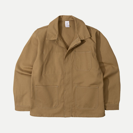 Men's brown utility jacket with shirt collar, button front and patch pockets
