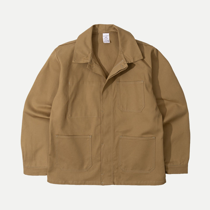 Men's brown utility jacket with shirt collar, button front and patch pockets