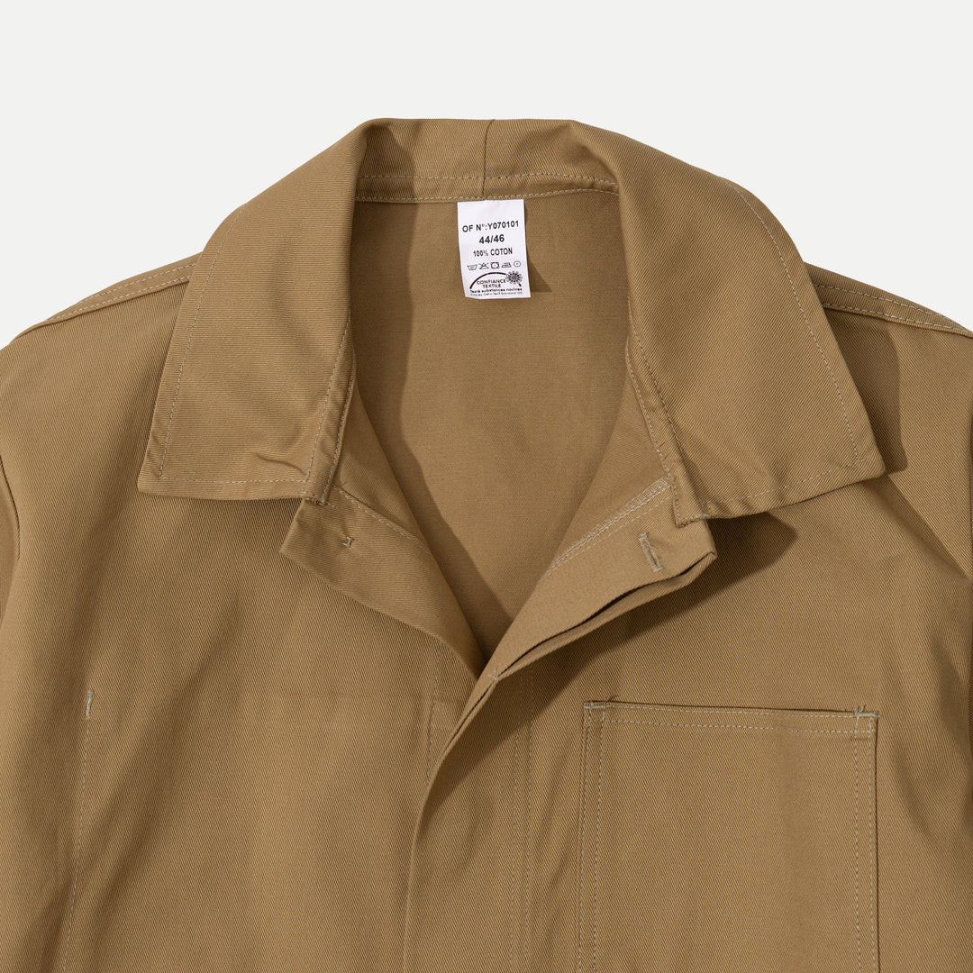Men's brown utility jacket with shirt collar, button front and patch pockets
