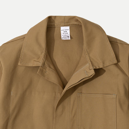 Men's brown utility jacket with shirt collar, button front and patch pockets
