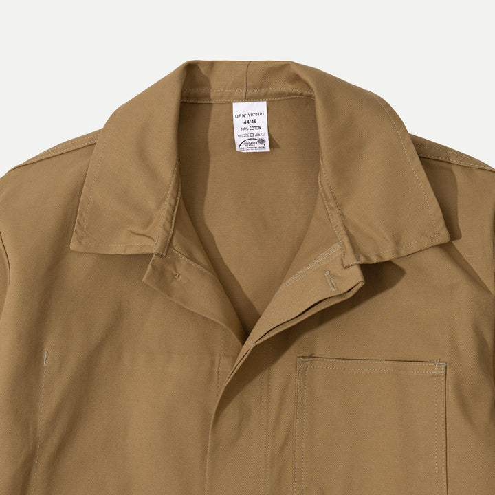 Men's brown utility jacket with shirt collar, button front and patch pockets