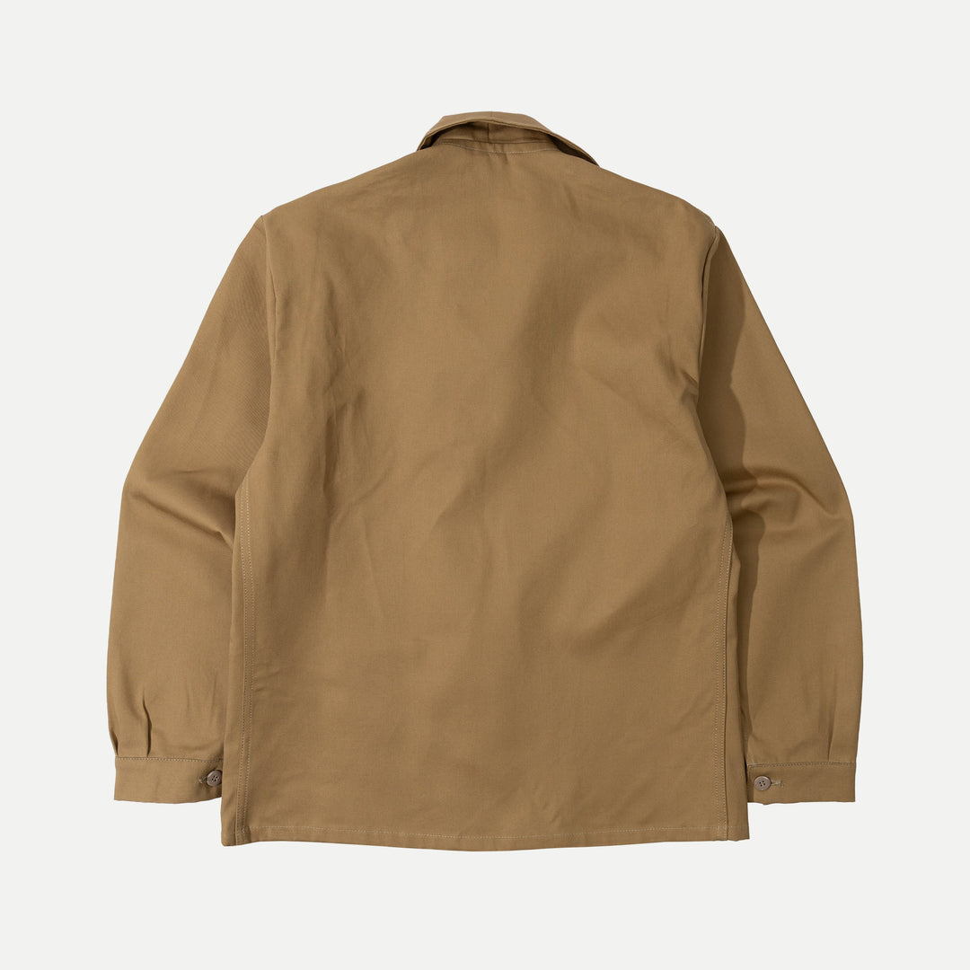 Men's brown utility jacket with shirt collar, button front and patch pockets