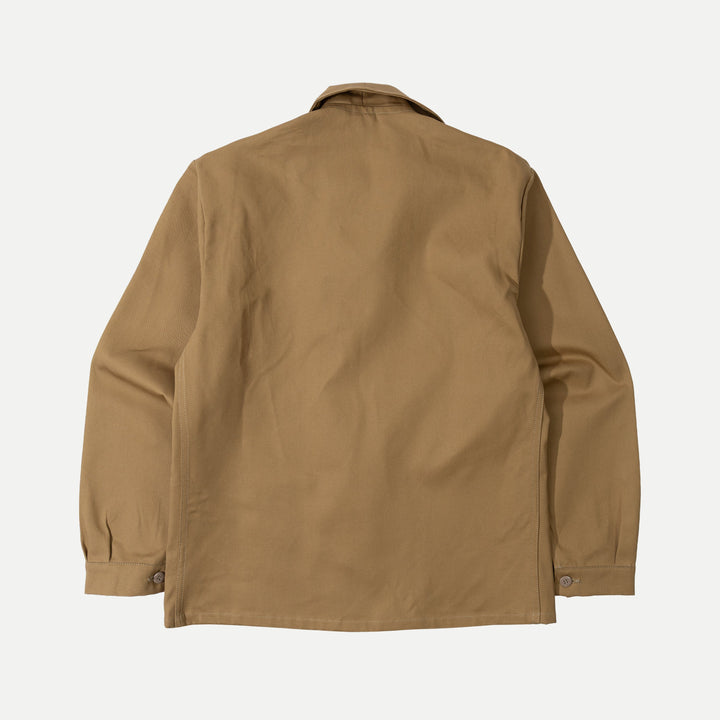 Men's brown utility jacket with shirt collar, button front and patch pockets