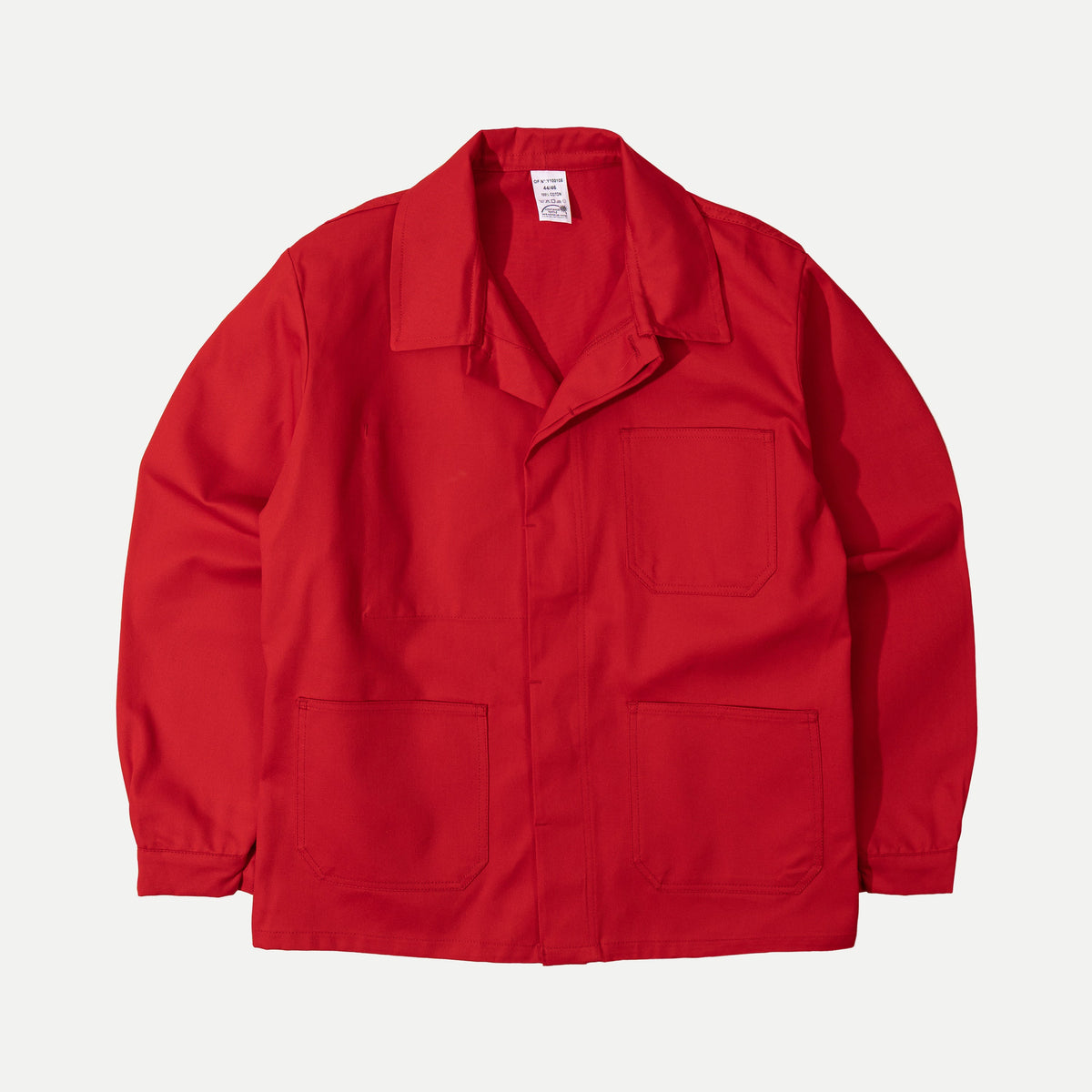 Men's red long-sleeve chore jacket with button front and three patch pockets