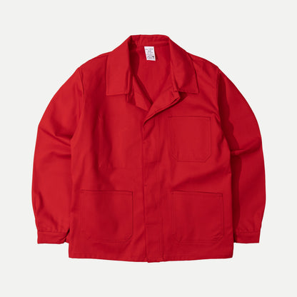 Men's red long-sleeve chore jacket with button front and three patch pockets