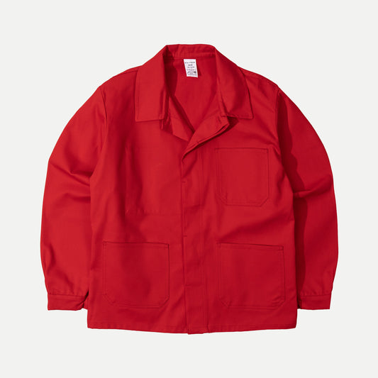 Men's red long-sleeve chore jacket with button front and three patch pockets