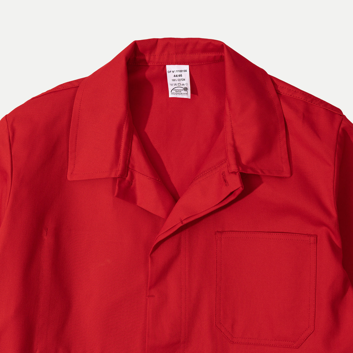 Men's red long-sleeve chore jacket with button front and three patch pockets