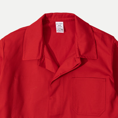 Men's red long-sleeve chore jacket with button front and three patch pockets