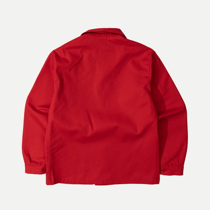 Men's red long-sleeve chore jacket with button front and three patch pockets