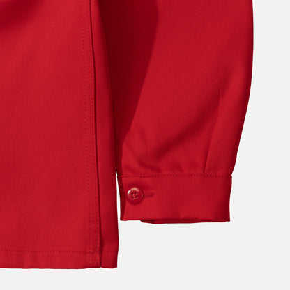 Men's red long-sleeve chore jacket with button front and three patch pockets