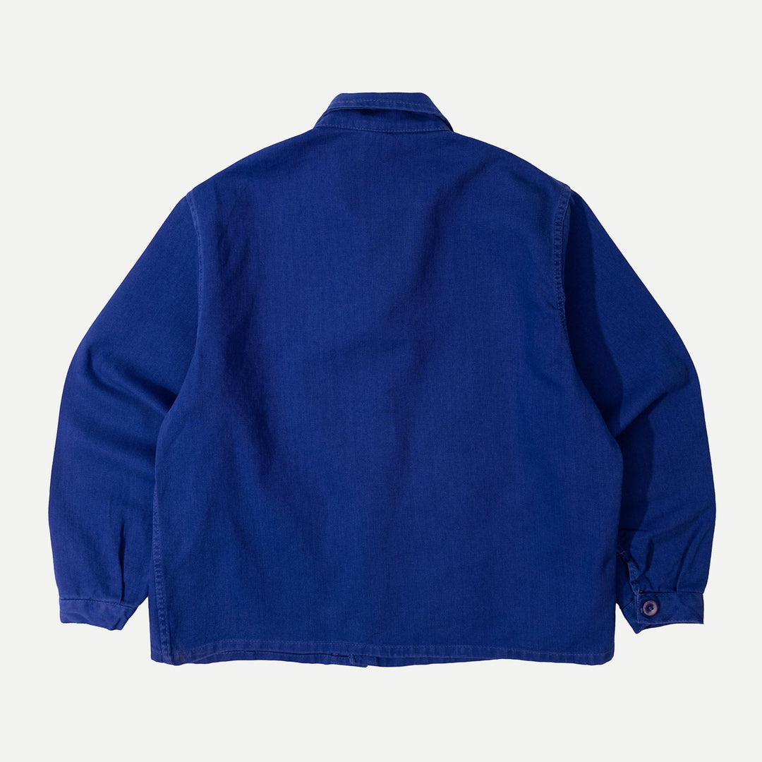 Men's blue collared work jacket with button front and patch pockets