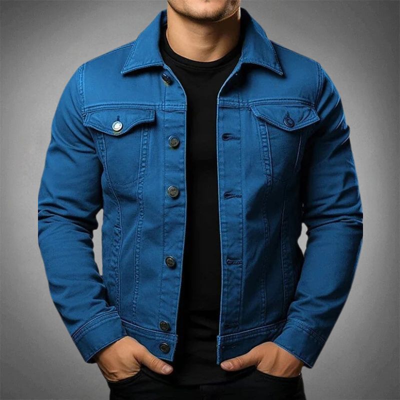 Men's denim jacket with pointed collar and buttoned chest pockets