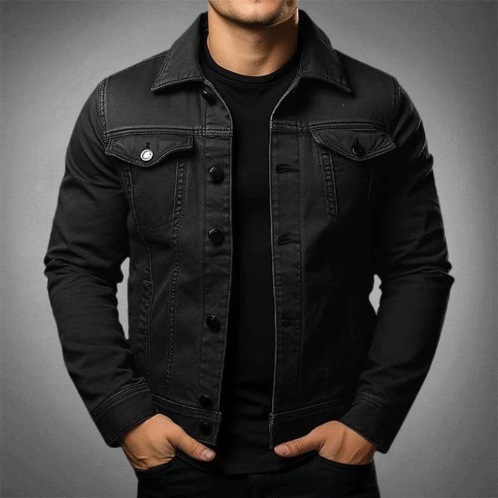 Men's denim jacket with pointed collar and buttoned chest pockets