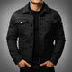 Men's denim jacket with pointed collar and buttoned chest pockets