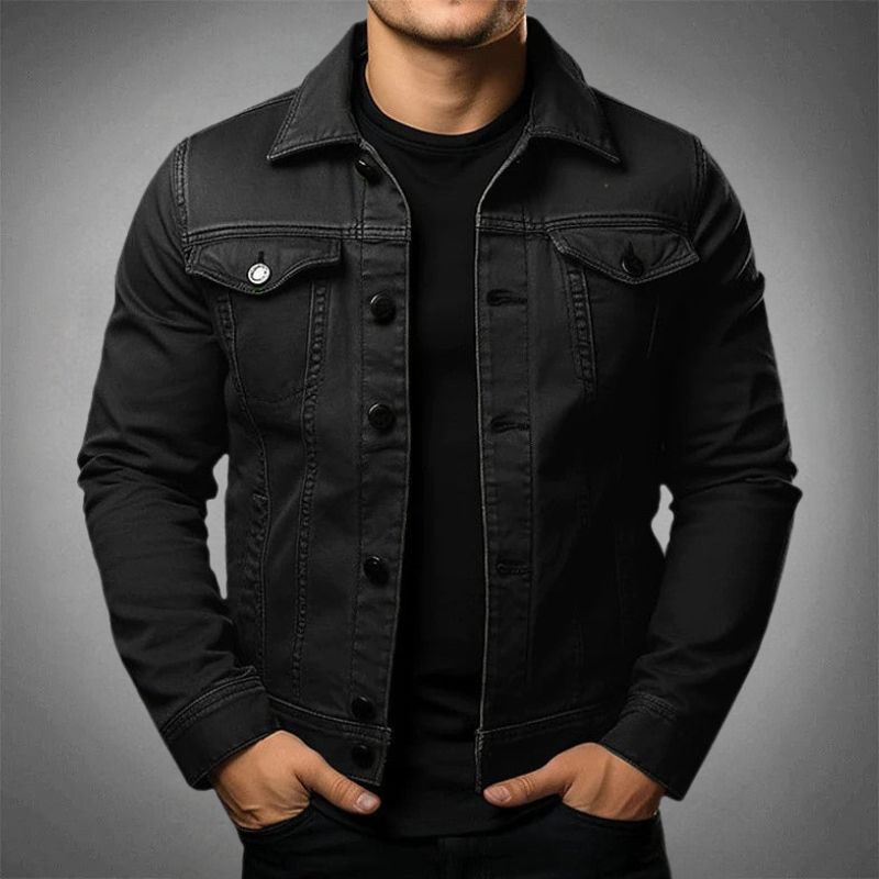 Men's denim jacket with pointed collar and buttoned chest pockets