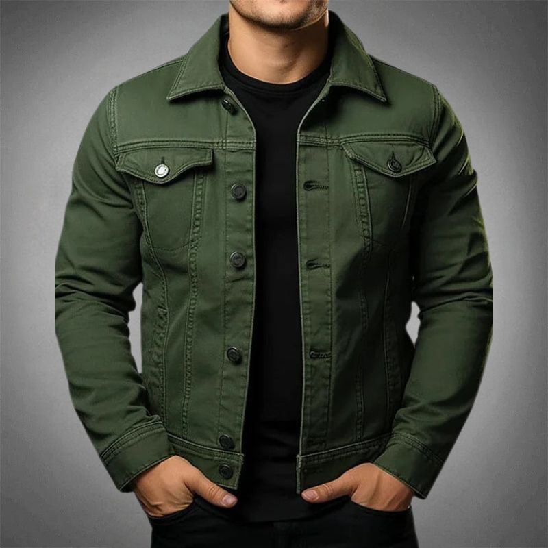 Men's denim jacket with pointed collar and buttoned chest pockets