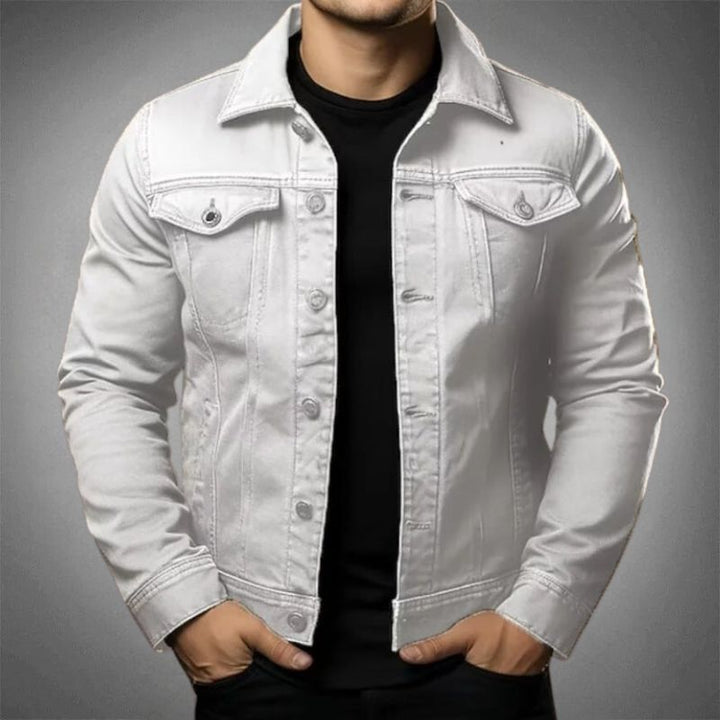 Men's denim jacket with pointed collar and buttoned chest pockets