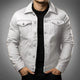 Men's denim jacket with pointed collar and buttoned chest pockets