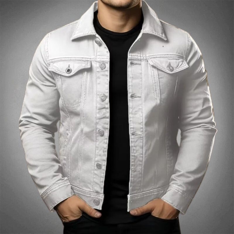 Men's denim jacket with pointed collar and buttoned chest pockets