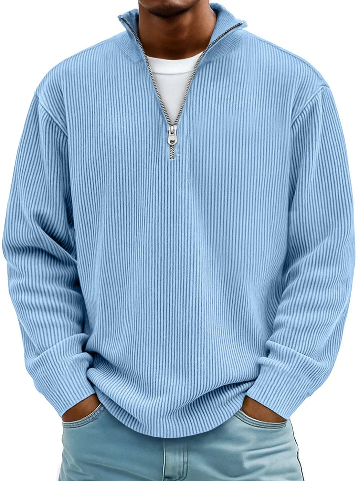Men's ribbed quarter-zip sweater with stand collar
