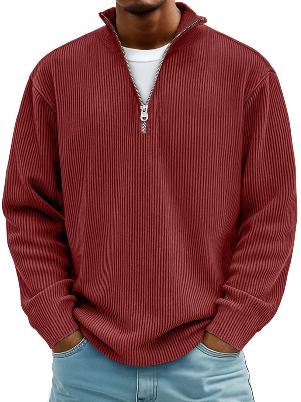 Men's ribbed quarter-zip sweater with stand collar