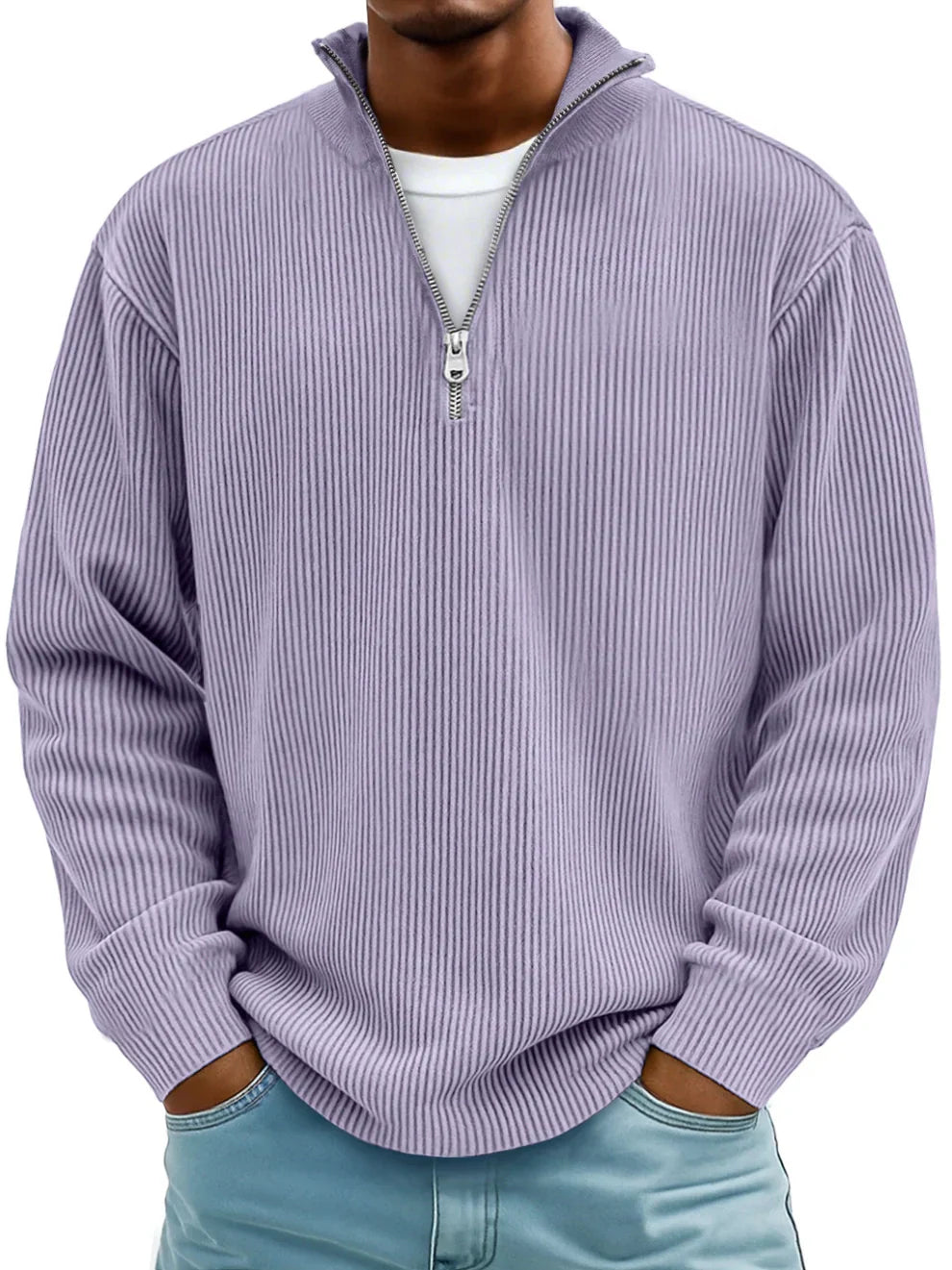 Men's ribbed quarter-zip sweater with stand collar